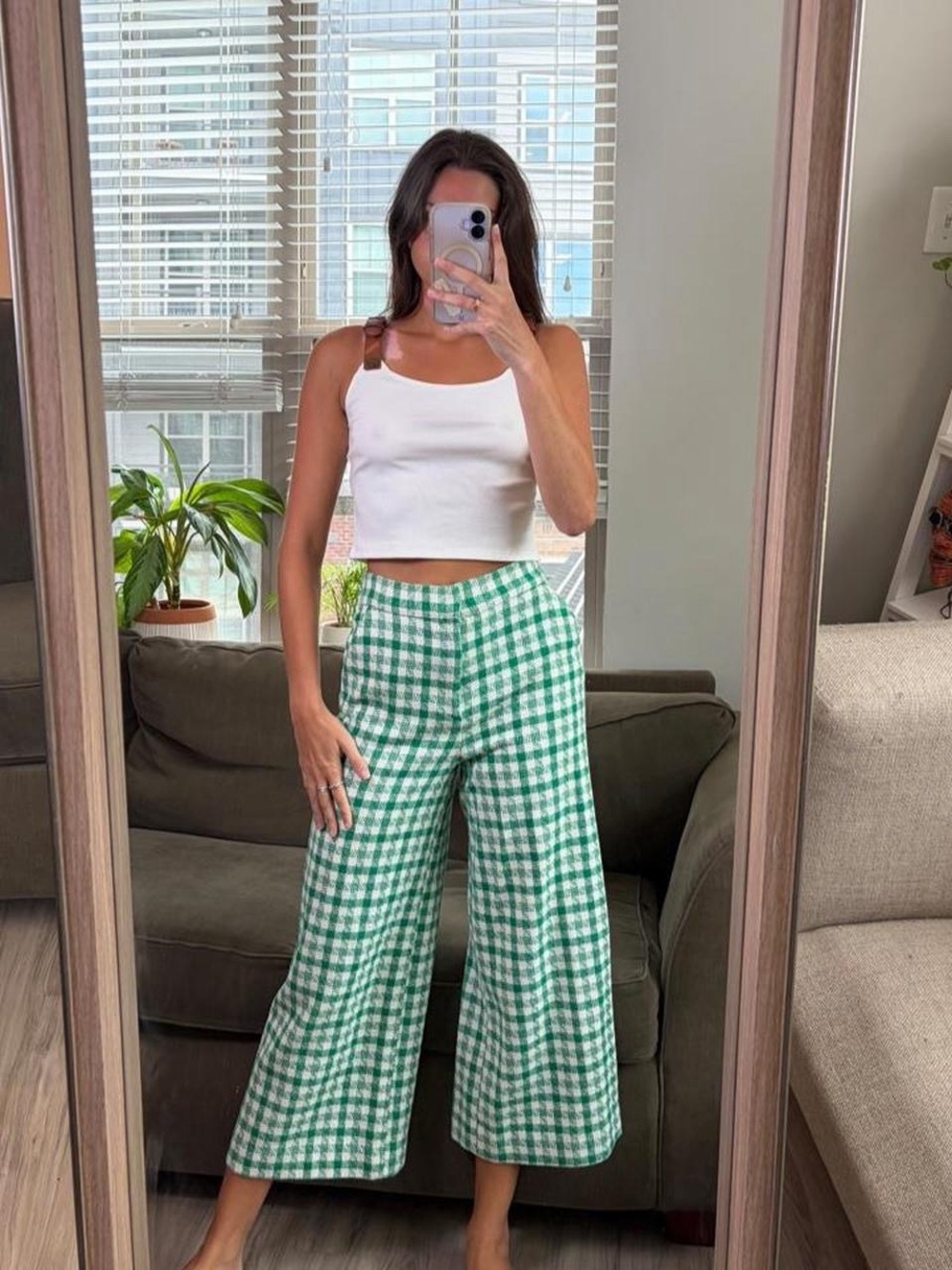 Zara green gingham wide leg pants